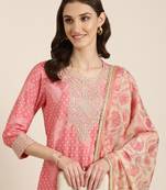 women's round neck bandhani zari coral straight kurta and trouser with dupatta