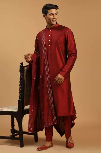 Maroon Viscose Kurta, Pyjama & Dupatta Set