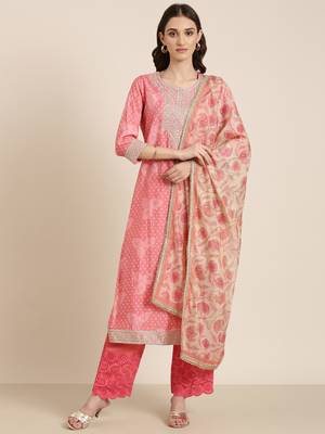 women's round neck bandhani zari coral straight kurta and trouser with dupatta 2