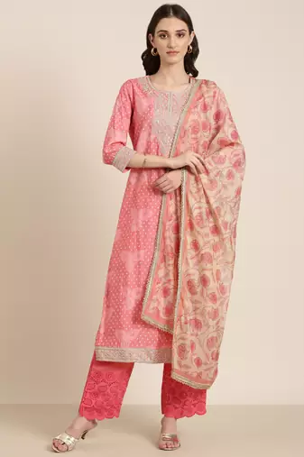 women's round neck bandhani zari coral straight kurta and trouser with dupatta