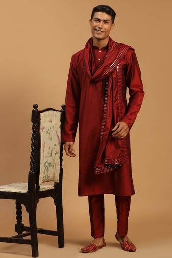 Men'S Maroon Viscose Kurta, Pyjama & Dupatta Set