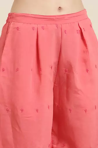 women's round neck bandhani zari coral straight kurta and trouser with dupatta