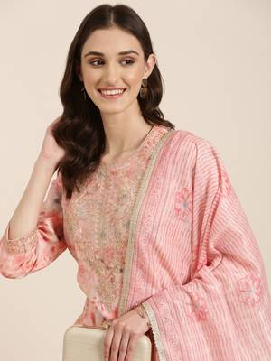 women's round neck floral foil print peach straight kurta and trouser with dupatta 1