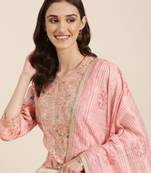 women's round neck floral foil print peach straight kurta and trouser with dupatta