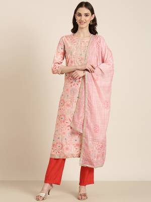 women's round neck floral foil print peach straight kurta and trouser with dupatta 2