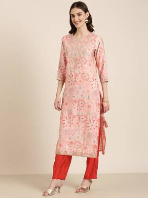women's round neck floral foil print peach straight kurta and trouser with dupatta 4