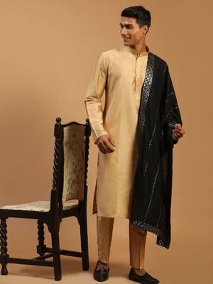Rose Gold And Black Viscose Kurta, Pyjama & Dupatta Set 1