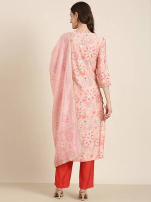 women's round neck floral foil print peach straight kurta and trouser with dupatta 5