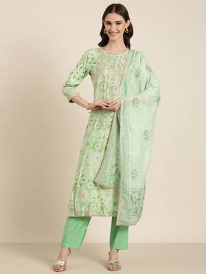 women's round neck floral foil print green straight kurta and trouser with dupatta 2