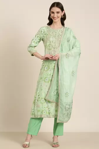 women's round neck floral foil print green straight kurta and trouser with dupatta