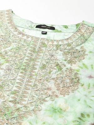 women's round neck floral foil print green straight kurta and trouser with dupatta 3