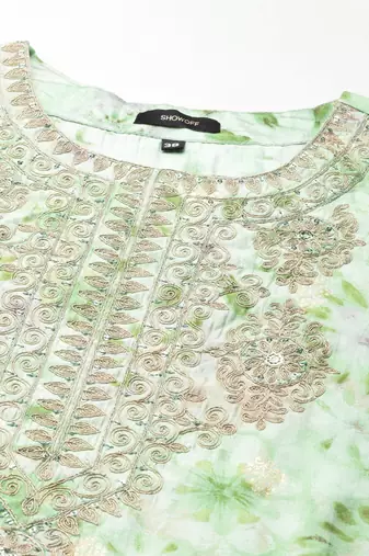 women's round neck floral foil print green straight kurta and trouser with dupatta