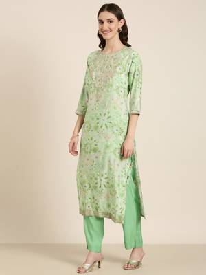women's round neck floral foil print green straight kurta and trouser with dupatta 4