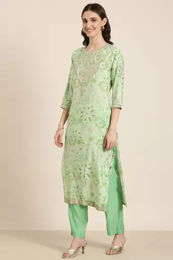 women's round neck floral foil print green straight kurta and trouser with dupatta