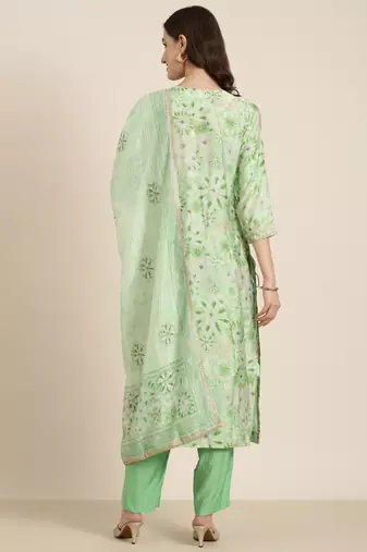 women's round neck floral foil print green straight kurta and trouser with dupatta
