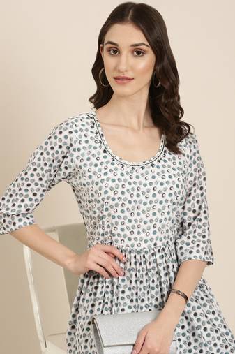 women's round neck floral foil print off white anarkali kurta and trouser