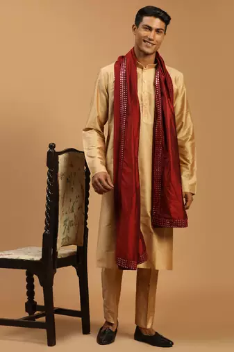 Men'S Rose Gold And Maroon Viscose Kurta, Pyjama & Dupatta Set