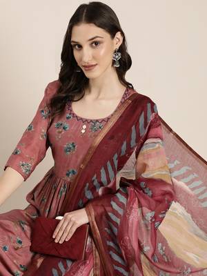 women's round neck floral foil print mauve anarkali kurta and trouser with dupatta 1