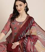 women's round neck floral foil print mauve anarkali kurta and trouser with dupatta