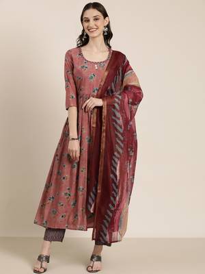 women's round neck floral foil print mauve anarkali kurta and trouser with dupatta 2