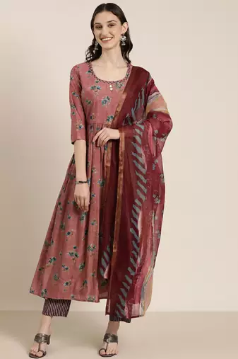 women's round neck floral foil print mauve anarkali kurta and trouser with dupatta