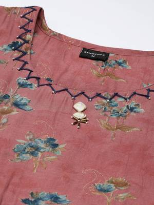 women's round neck floral foil print mauve anarkali kurta and trouser with dupatta 3