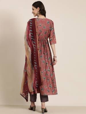 women's round neck floral foil print mauve anarkali kurta and trouser with dupatta 4