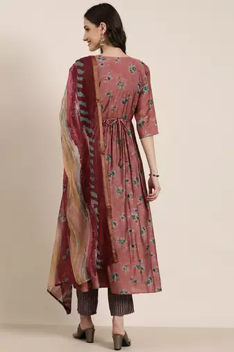 women's round neck floral foil print mauve anarkali kurta and trouser with dupatta
