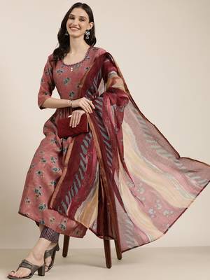women's round neck floral foil print mauve anarkali kurta and trouser with dupatta 5