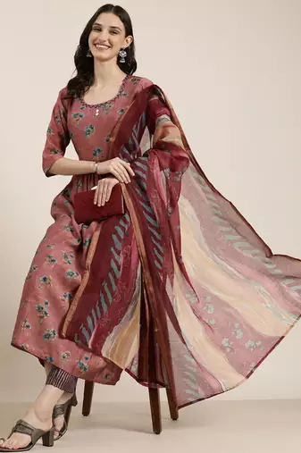 women's round neck floral foil print mauve anarkali kurta and trouser with dupatta