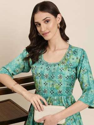 women's round neck floral leheriya teal anarkali kurta and trouser 1