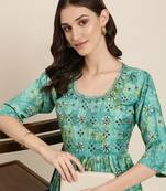 women's round neck floral leheriya teal anarkali kurta and trouser