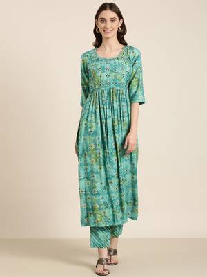 women's round neck floral leheriya teal anarkali kurta and trouser 2