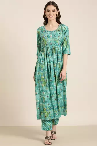 women's round neck floral leheriya teal anarkali kurta and trouser