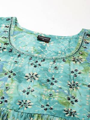 women's round neck floral leheriya teal anarkali kurta and trouser 3