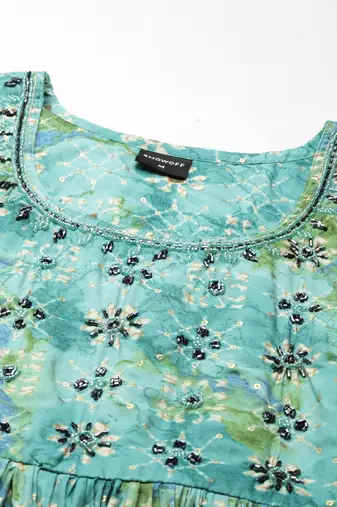 women's round neck floral leheriya teal anarkali kurta and trouser