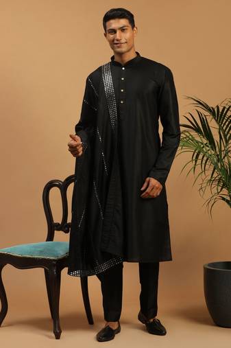 Men'S Black Viscose Kurta, Pyjama & Dupatta Set