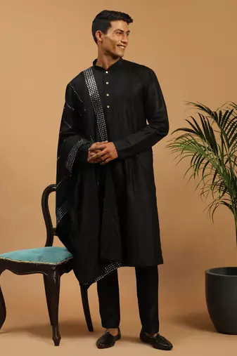 Black Viscose Kurta, Pyjama & Dupatta Set