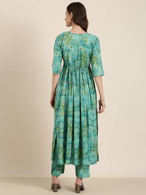 women's round neck floral leheriya teal anarkali kurta and trouser 4