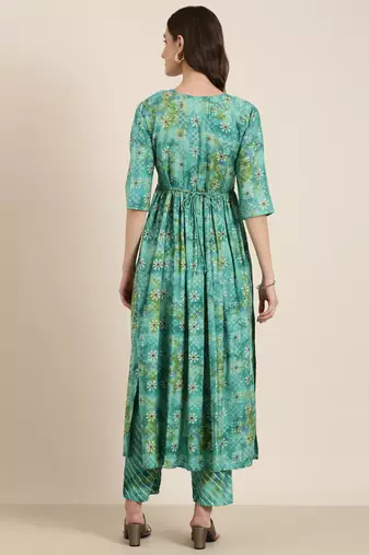 women's round neck floral leheriya teal anarkali kurta and trouser