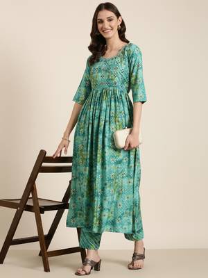 women's round neck floral leheriya teal anarkali kurta and trouser 5