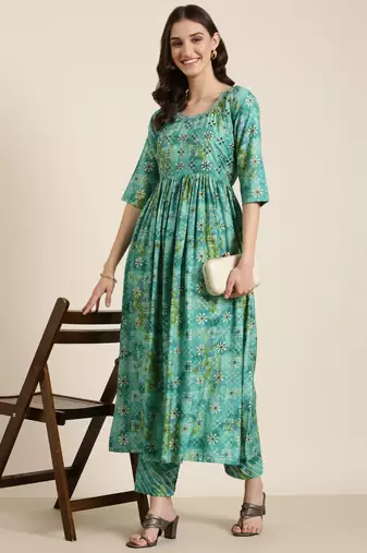 women's round neck floral leheriya teal anarkali kurta and trouser