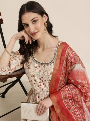 women's round neck floral cream anarkali kurta and trouser with dupatta 1