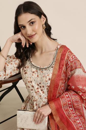 women's round neck floral cream anarkali kurta and trouser with dupatta