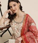 women's round neck floral cream anarkali kurta and trouser with dupatta