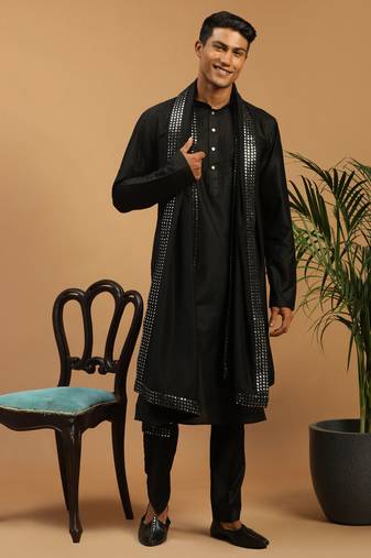 Men'S Black Viscose Kurta, Pyjama & Dupatta Set