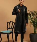 Men'S Black Viscose Kurta, Pyjama & Dupatta Set