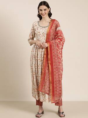women's round neck floral cream anarkali kurta and trouser with dupatta 2
