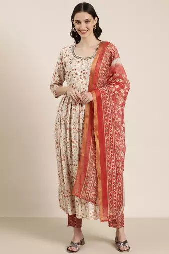 women's round neck floral cream anarkali kurta and trouser with dupatta
