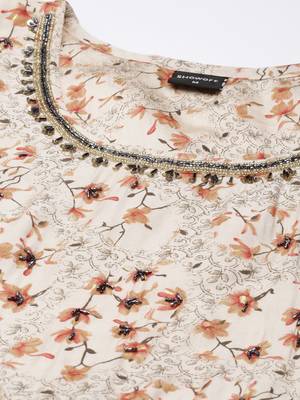 women's round neck floral cream anarkali kurta and trouser with dupatta 3